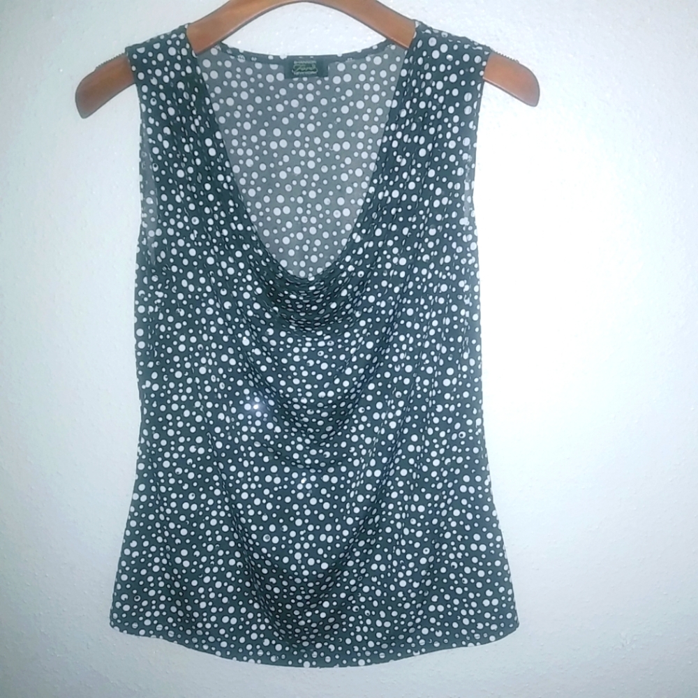 Shanon Ford NY M Sleeveless Cowl Neck Sparkling Pullover Black White Dot Top